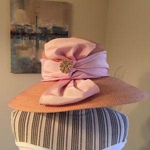 Derby/Church Hat - Peach with Pink ribbon